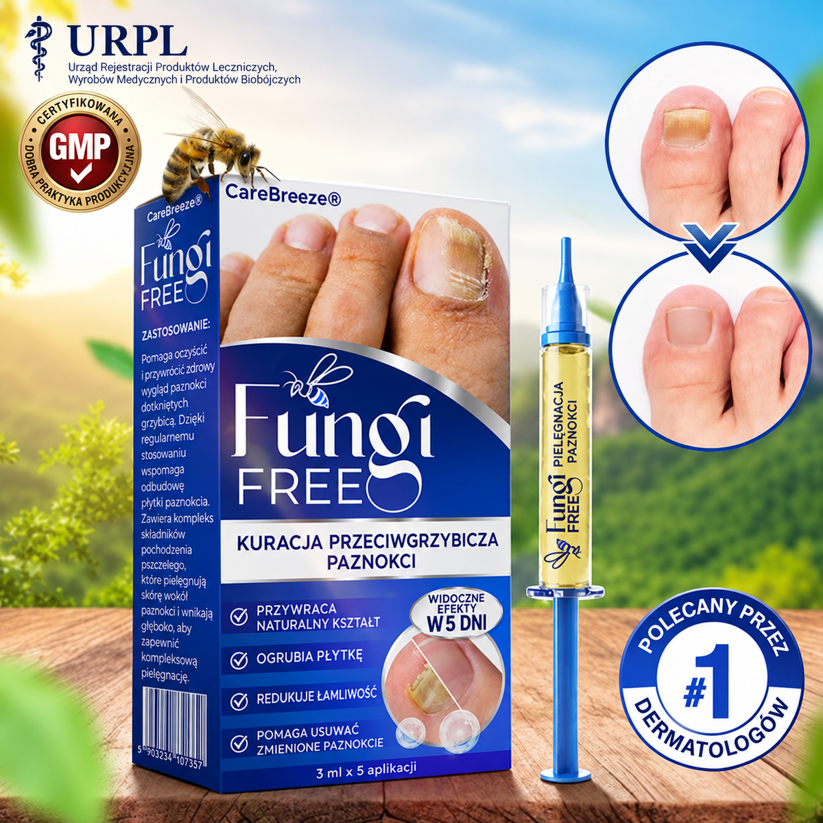 🇪🇺 Certyfikowany w UE 👩‍🔬 CareBreeze® Fungi Free – Intensywna Kuracja do Paznokci na Bazie Jadu Pszczelego 🍼