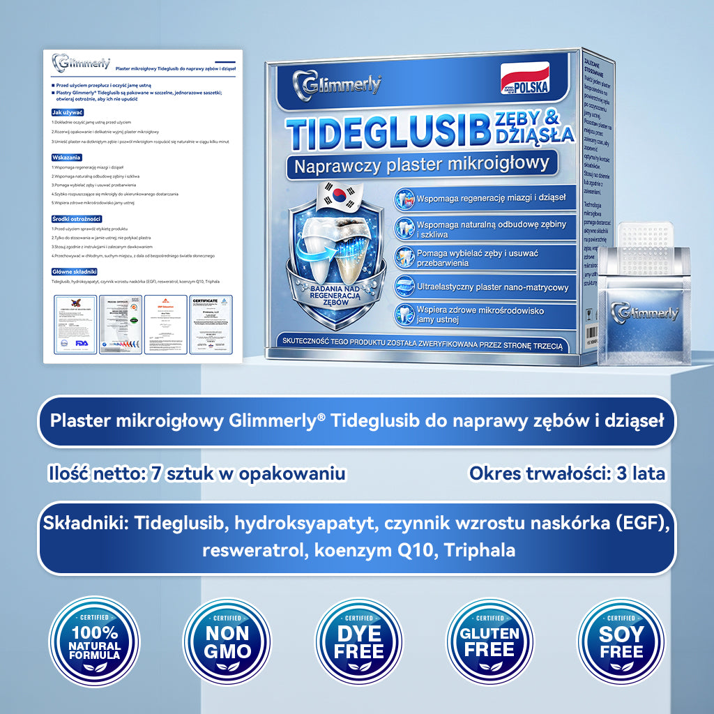 🦷 𝐆𝐥𝐢𝐦𝐦𝐞𝐫𝐥𝐲® 𝐓𝐢𝐝𝐞𝐠𝐥𝐮𝐬𝐢𝐛 Płatki Mikronakłuwające do Naprawy Zębów i Dziąseł | Zaawansowana Aktywacja Komórek Macierzystych – Strips do Naprawy Zębów
