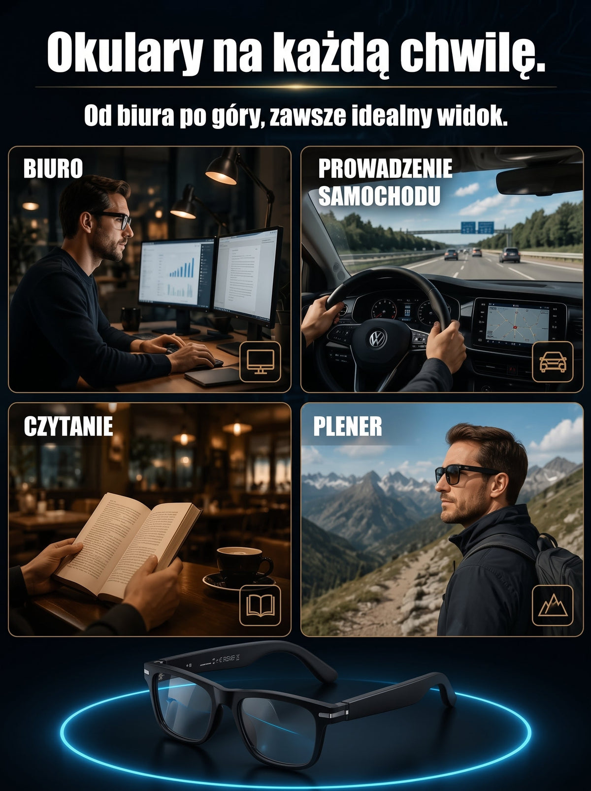 👓 Inteligentne okulary AI z kamerą 8 MP – tłumaczenie w czasie rzeczywistym na ponad 160 języków, Bluetooth i inteligentne funkcje AI 🏆